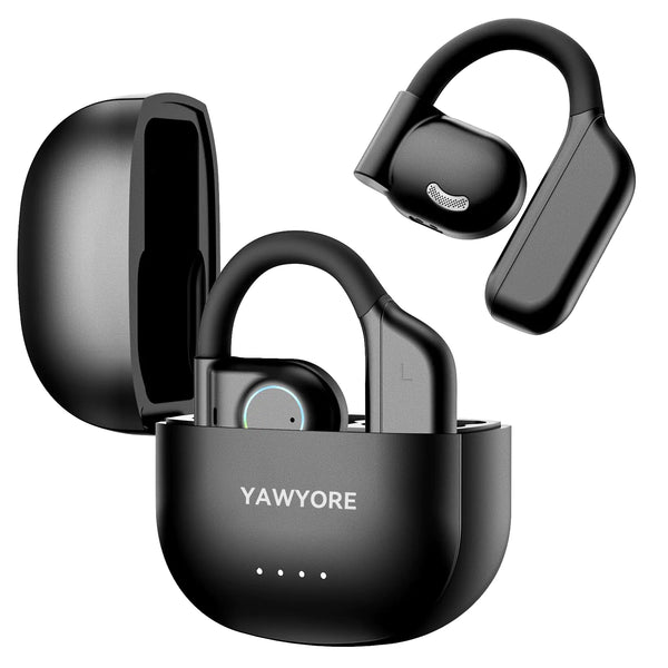 Auriculares Inalámbricos YAWYORE Open Ear Bluetooth 5.3 con Ganchos de Oreja y Micrófono Sonido Claro 60H de Reproducción IPX7 Impermeables Ligeros Cómodos para Correr y Entrenamientos (Negro)